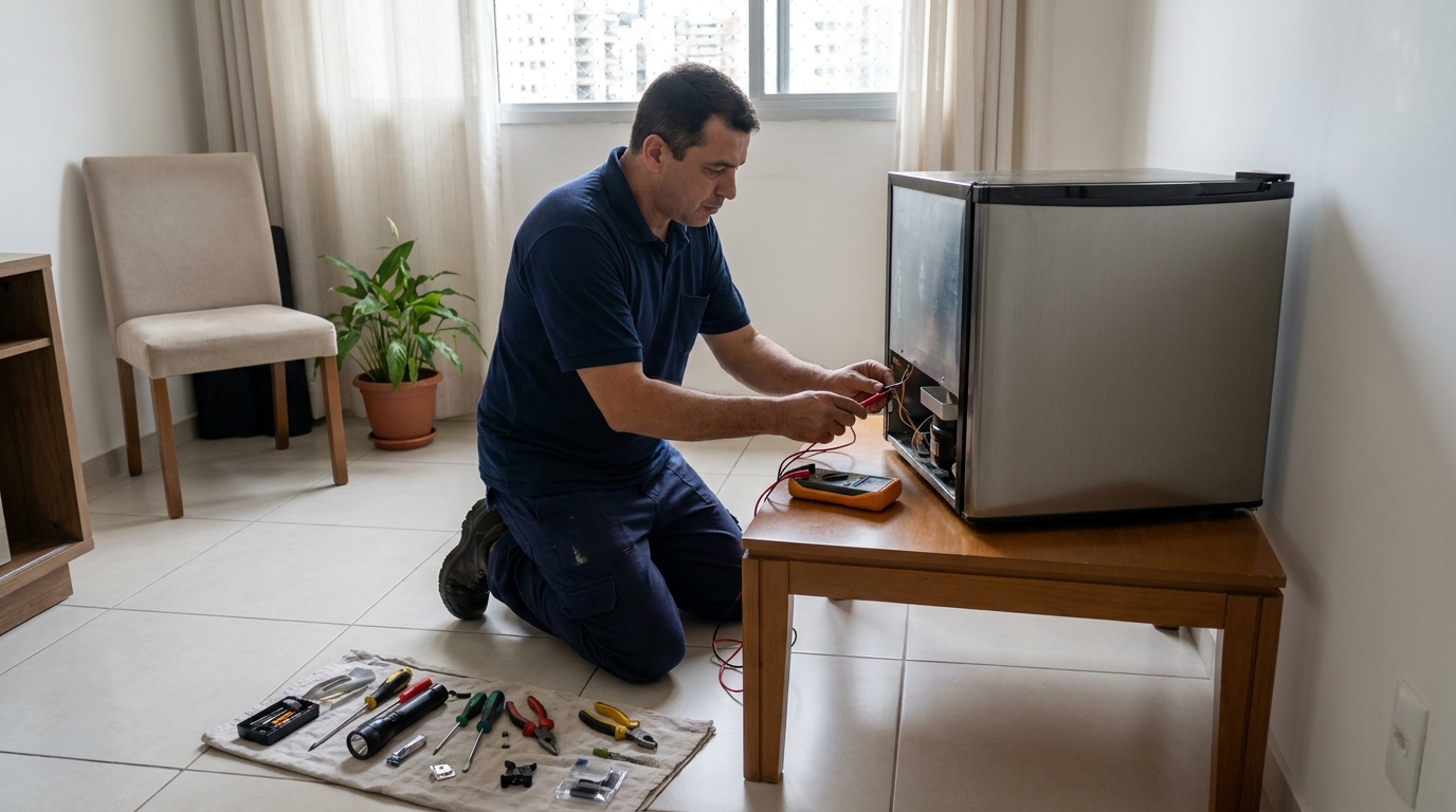 Técnico realizando manutenção de motor de frigobar em Socorro, Mogi das Cruzes‑SP