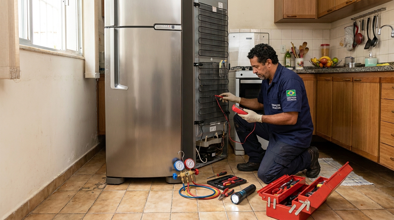 Técnico realizando manutenção de motor de geladeira em Socorro, Mogi das Cruzes‑SP