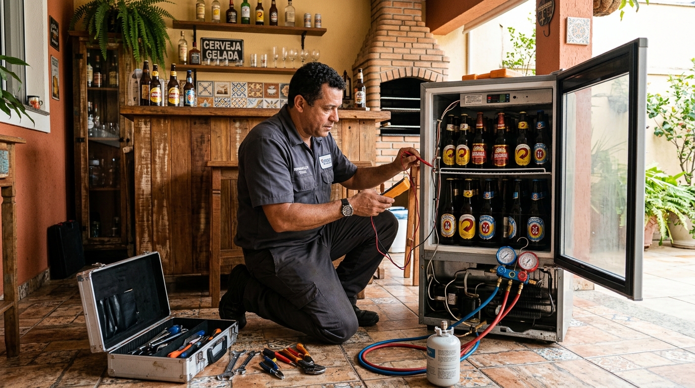 Recarga de gás refrigerante em cervejeira em atendimento em Botujuru, Mogi das Cruzes‑SP