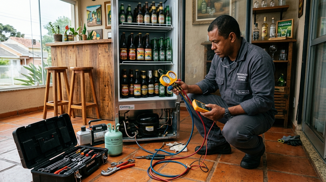 Técnico de conserto de cervejeira em residência em Botujuru, Mogi das Cruzes‑SP