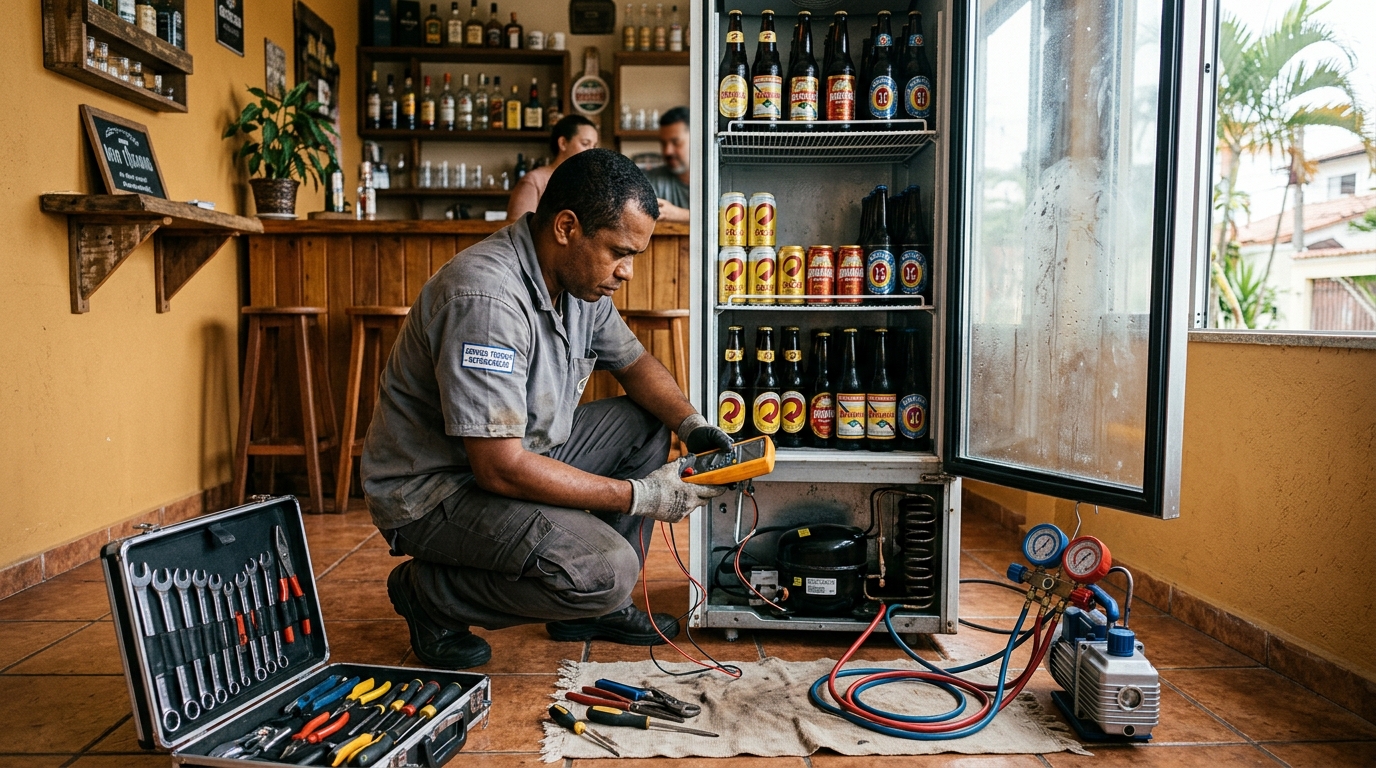 Troca de termostato de cervejeira em atendimento técnico em Botujuru, Mogi das Cruzes‑SP